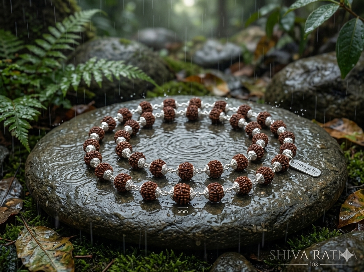 Silver Cap Rudraksha Mala | 5 Mukhi 6mm