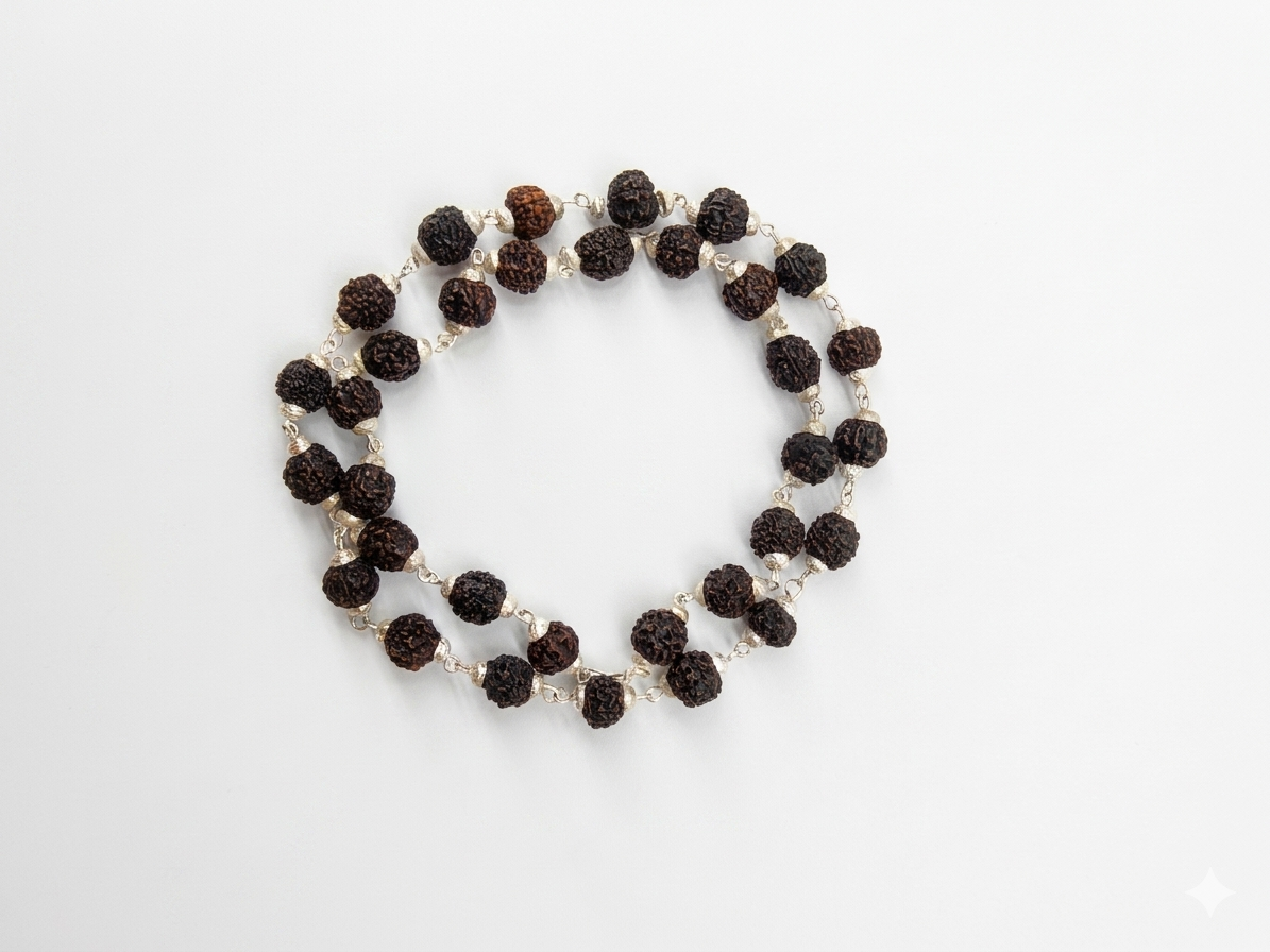 Silver Cap Rudraksha Mala | 5 Mukhi 6mm